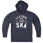 Heather Blue Live Free And Ski New Hampshire pullover hoodie with mountain and sunset graphic across the chest