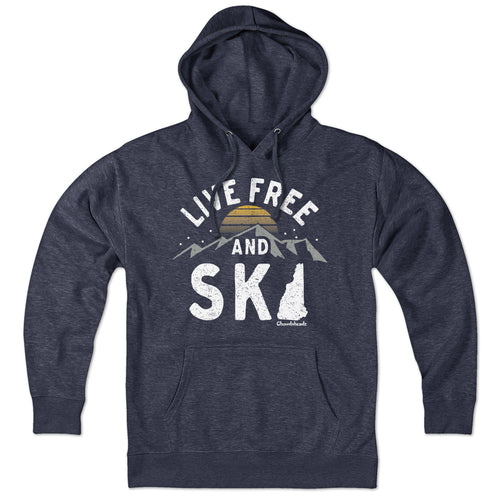 Heather Blue Live Free And Ski New Hampshire pullover hoodie with mountain and sunset graphic across the chest