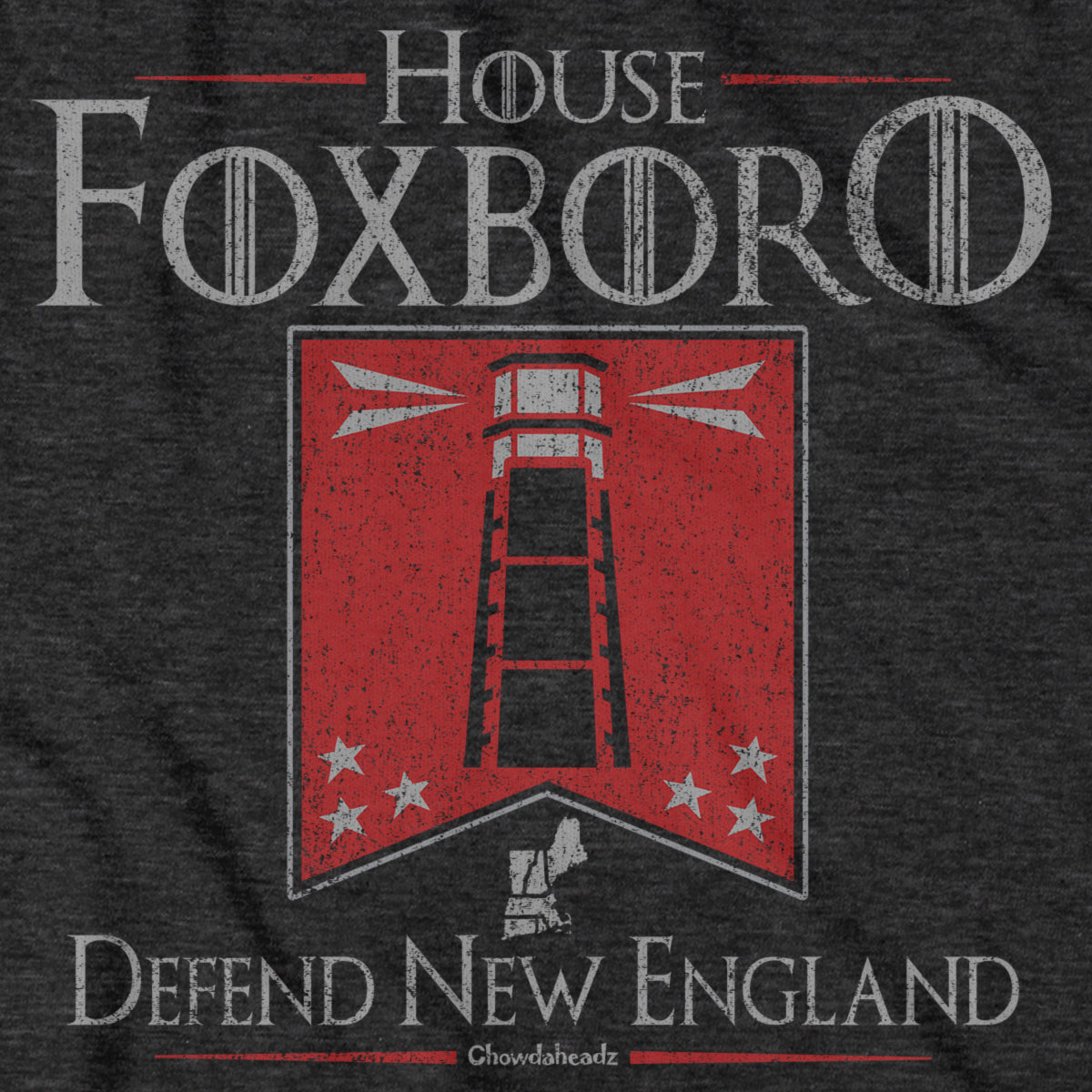 Ladies Tee in Navy with House Foxboro Lighthouse Banner heraldic graphic