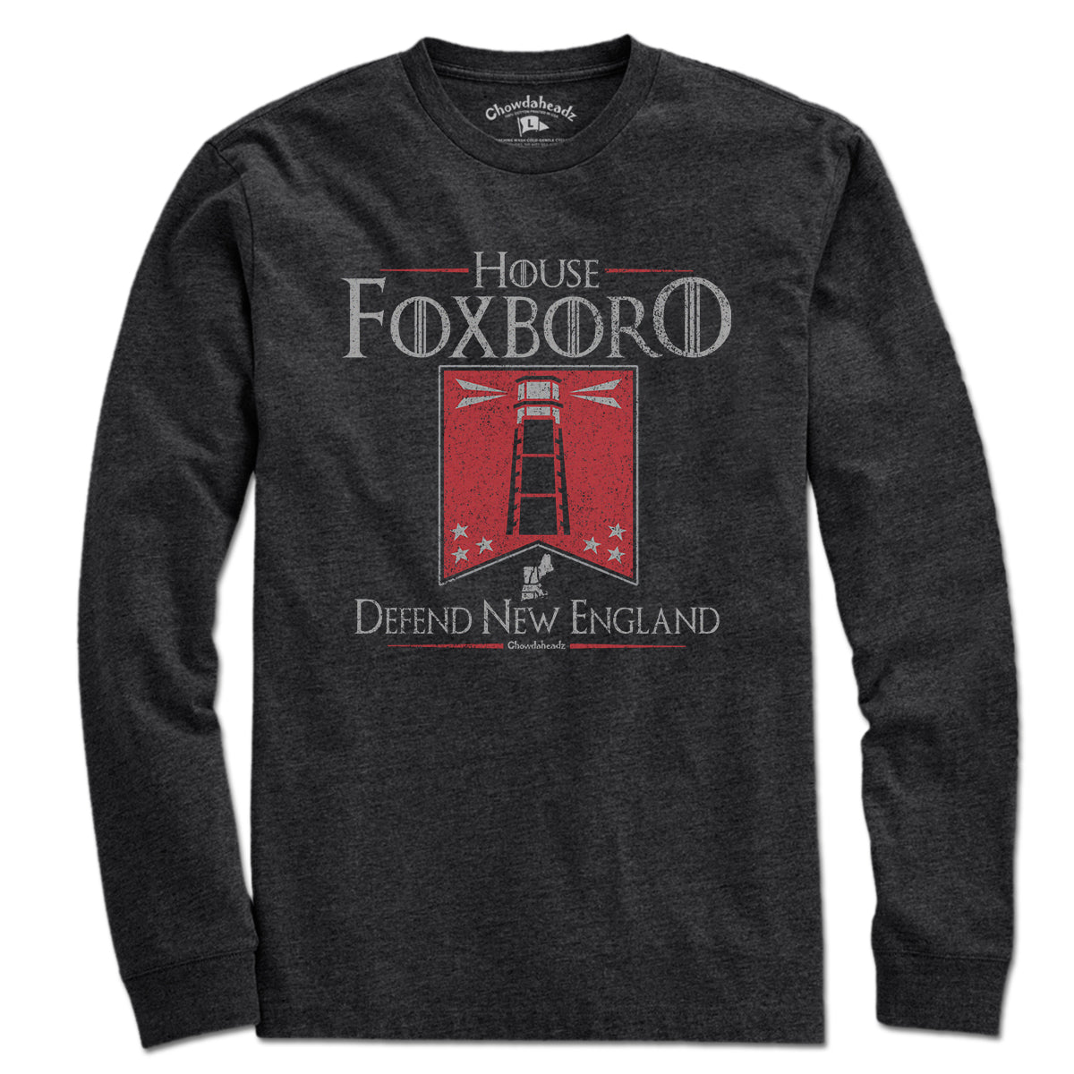 Ladies Tee in Charcoal with House Foxboro Lighthouse Banner heraldic graphic