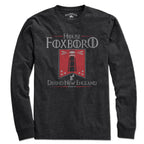 Ladies Tee in Charcoal with House Foxboro Lighthouse Banner heraldic graphic