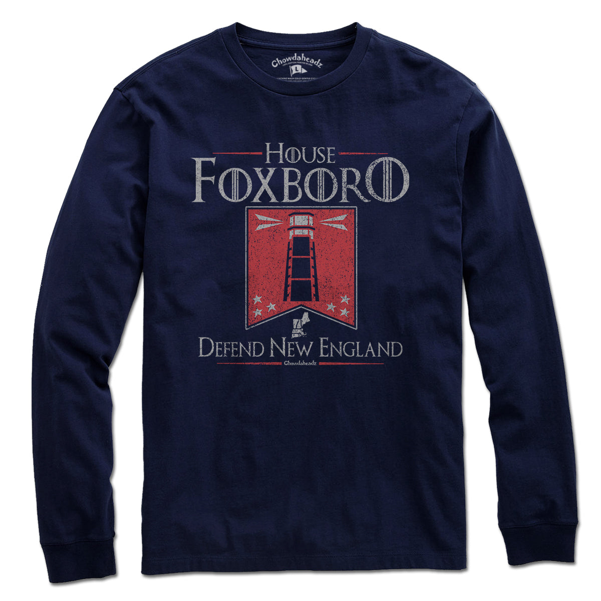 Ladies Tee in Heather Blue with House Foxboro Lighthouse Banner heraldic graphic
