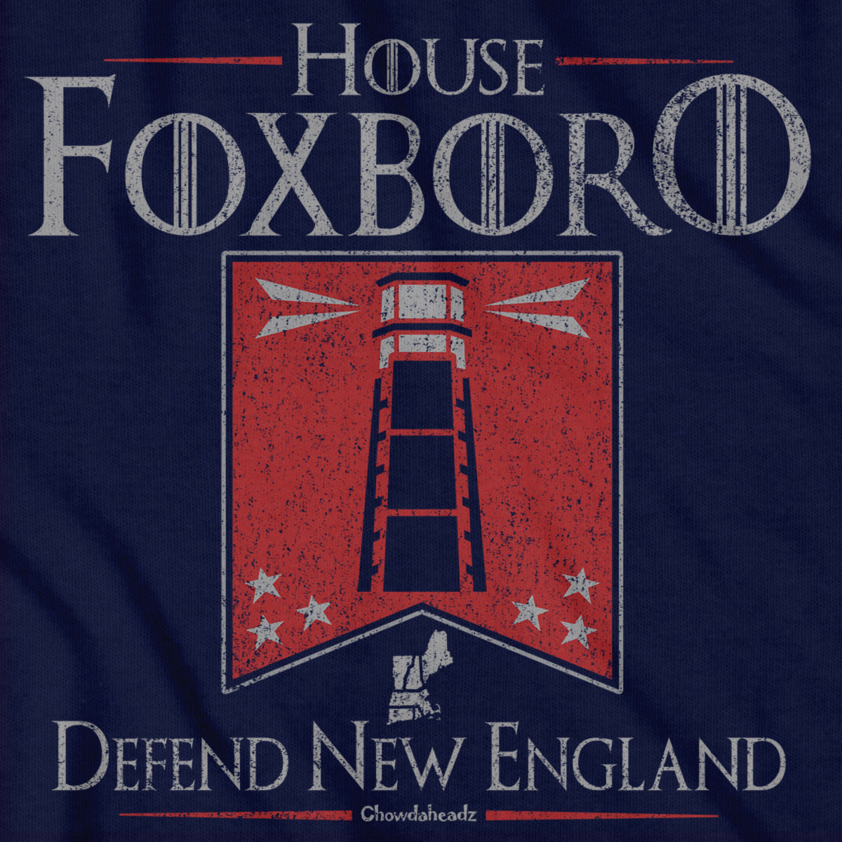 Men's Tee in Heather Blue with House Foxboro Lighthouse Banner New England football heraldic graphic