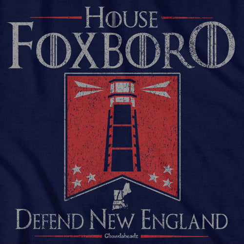 Men's Tee in Heather Blue with House Foxboro Lighthouse Banner New England football heraldic graphic