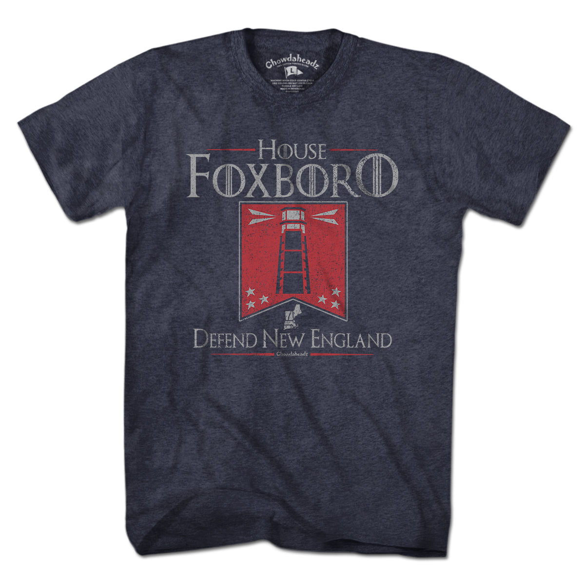 Men's Tee in Charcoal with House Foxboro Lighthouse Banner New England football heraldic graphic