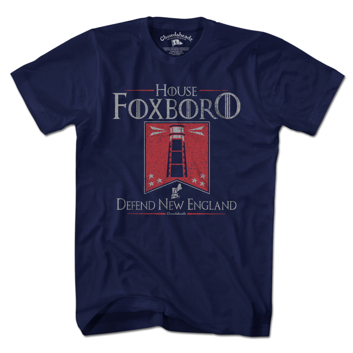 Men's Tee in Navy with House Foxboro Lighthouse Banner New England football heraldic graphic