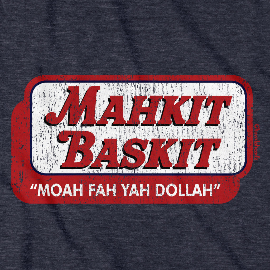 Mahkit Baskit T-Shirt — graphic detail in Heather Blue