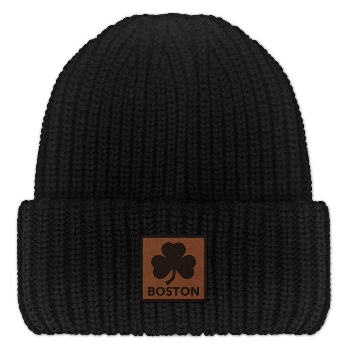 Boston Shamrock Leather Patch Chunky Knit Winter Hat - Chowdaheadz