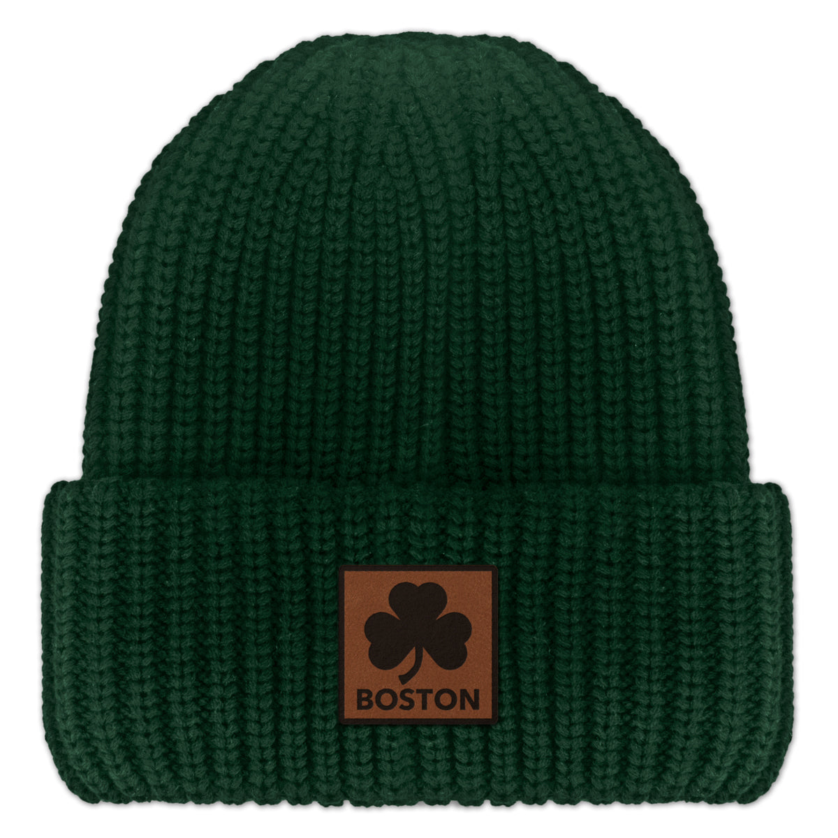 Boston Shamrock Leather Patch Chunky Knit Winter Hat - Chowdaheadz