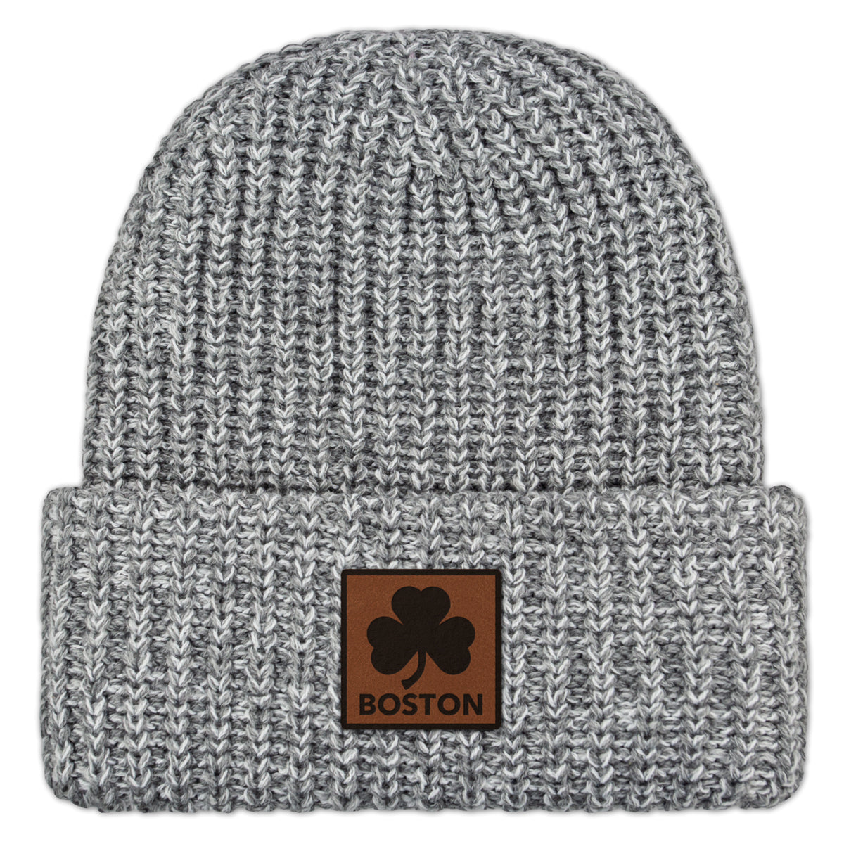 Boston Shamrock Leather Patch Chunky Knit Winter Hat - Chowdaheadz