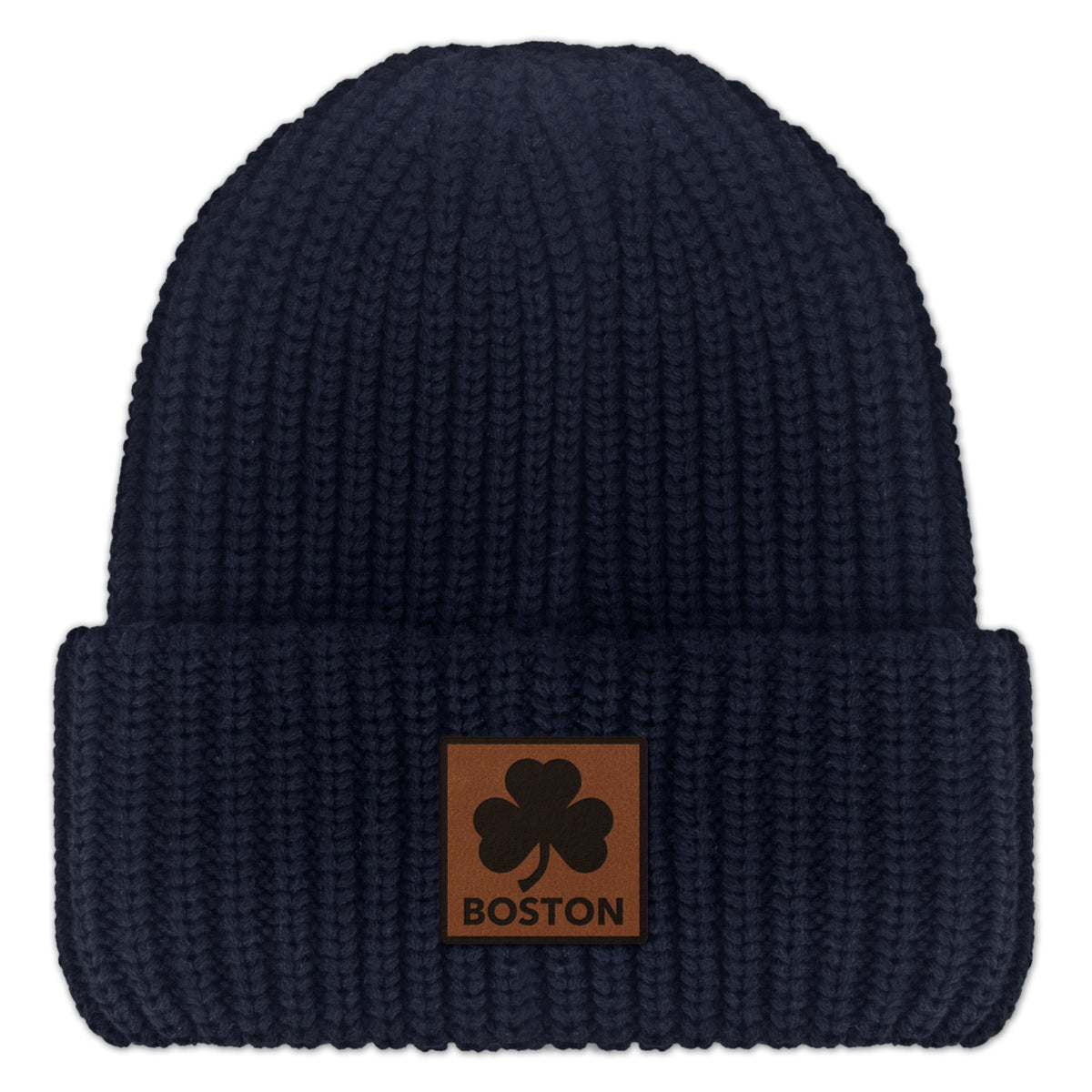 Boston Shamrock Leather Patch Chunky Knit Winter Hat - Chowdaheadz