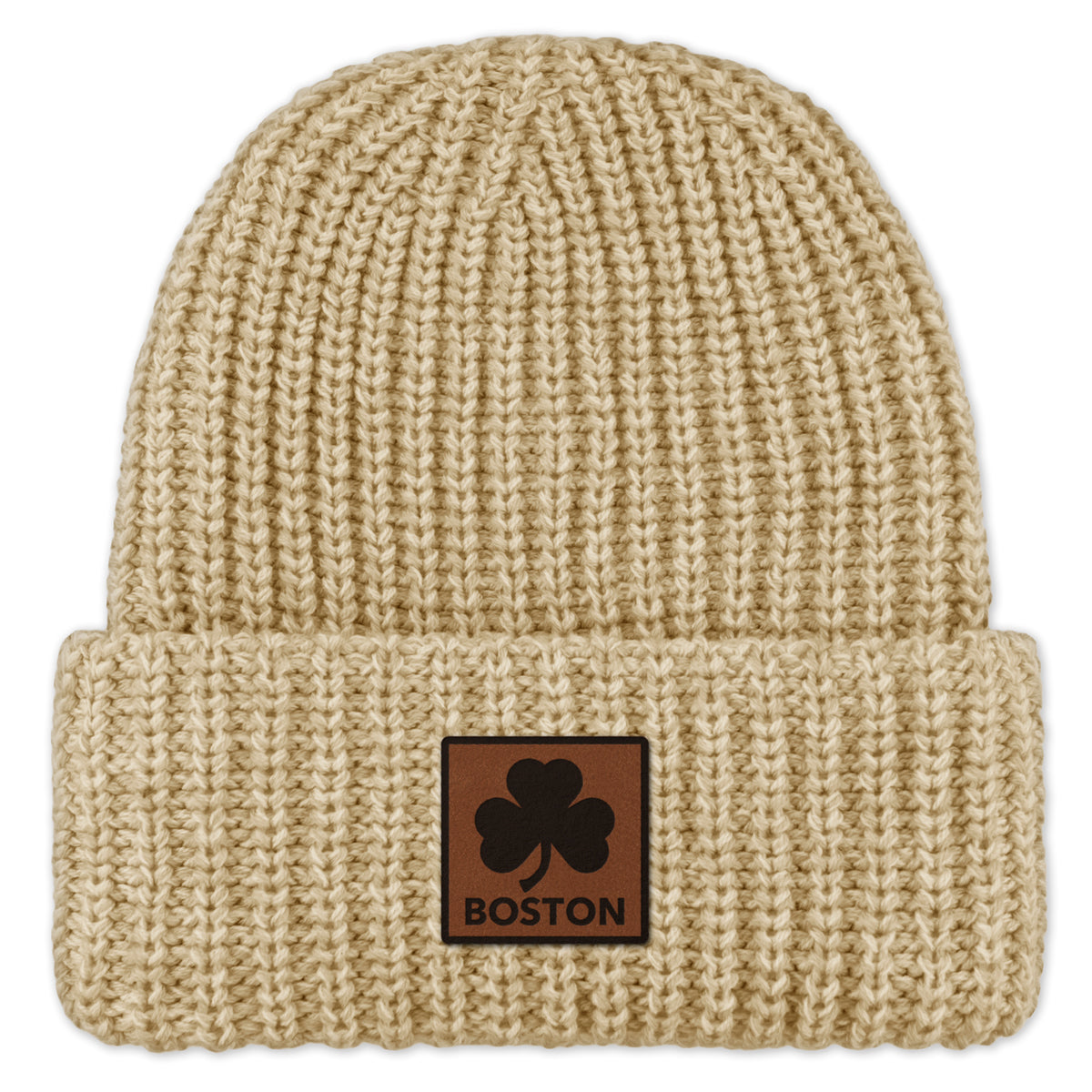 Boston Shamrock Leather Patch Chunky Knit Winter Hat - Chowdaheadz