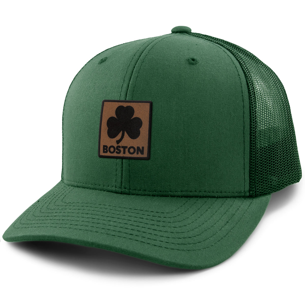 Boston Shamrock Leather Patch Classic Snapback Trucker - Chowdaheadz
