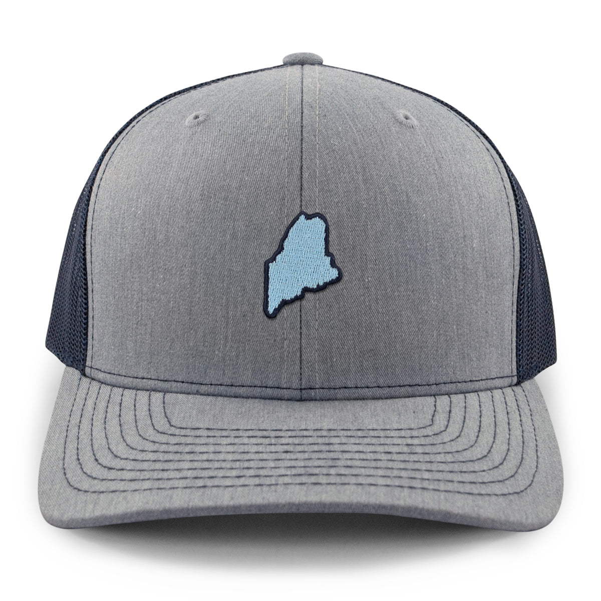 Front view of a navy/gray Mini Maine snapback trucker hat with a small light-blue Maine silhouette