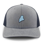 Front view of a navy/gray Mini Maine snapback trucker hat with a small light-blue Maine silhouette