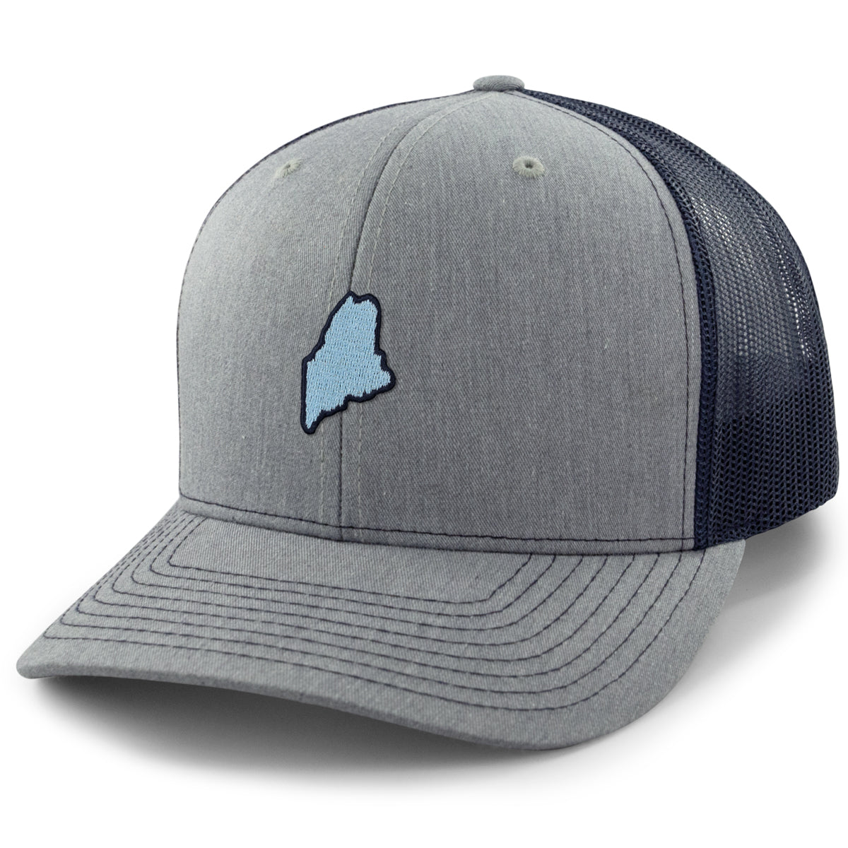 Three-quarter front view of a navy/gray Mini Maine snapback trucker hat with a small light-blue Maine silhouette