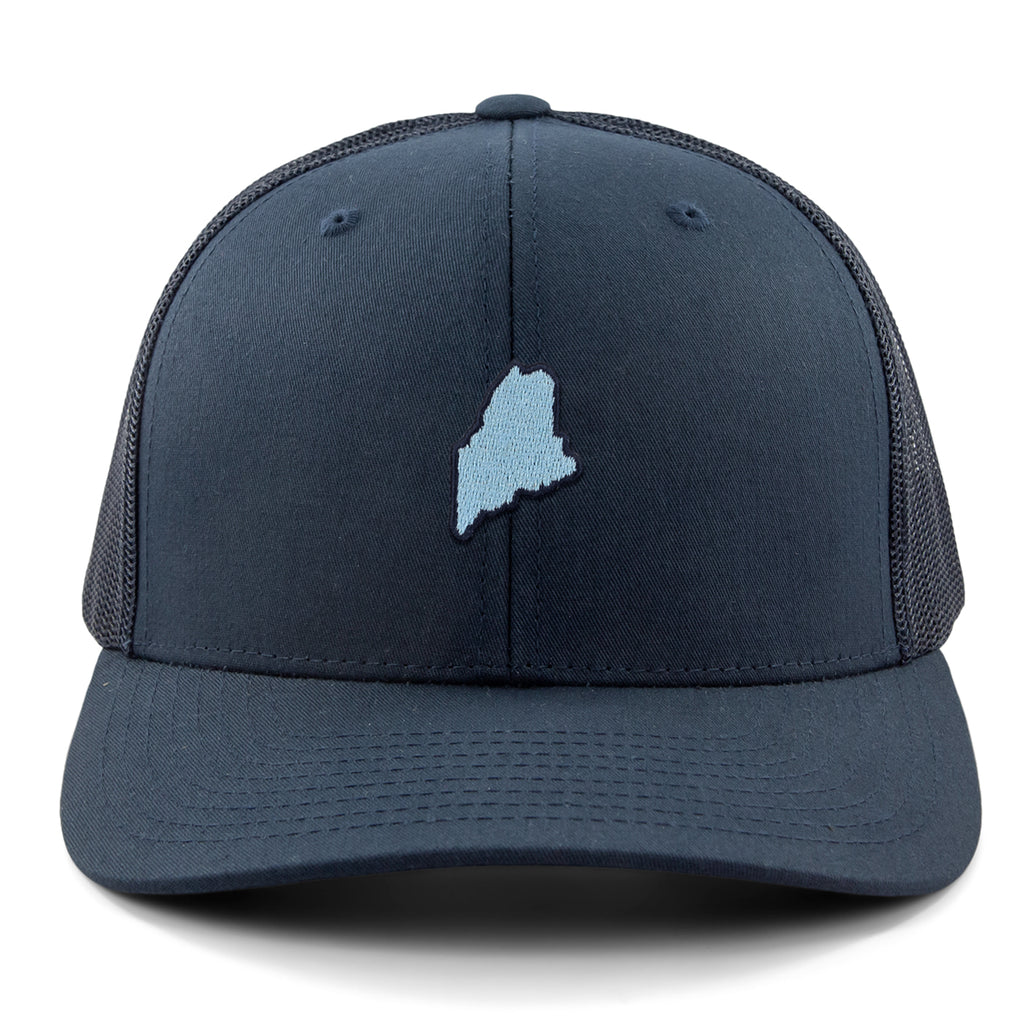 Front view of a navy Mini Maine snapback trucker hat with a small light-blue Maine silhouette
