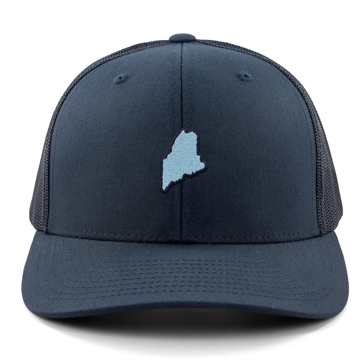 Front view of a navy Mini Maine snapback trucker hat with a small light-blue Maine silhouette