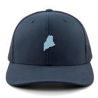 Front view of a navy Mini Maine snapback trucker hat with a small light-blue Maine silhouette