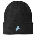 Front view of a charcoal cuffed knit hat with a small light-blue Maine-shaped patch outlined in dark thread