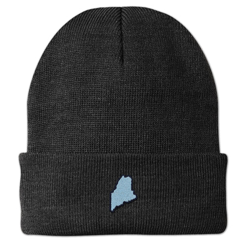 Front view of a charcoal cuffed knit hat with a small light-blue Maine-shaped patch outlined in dark thread