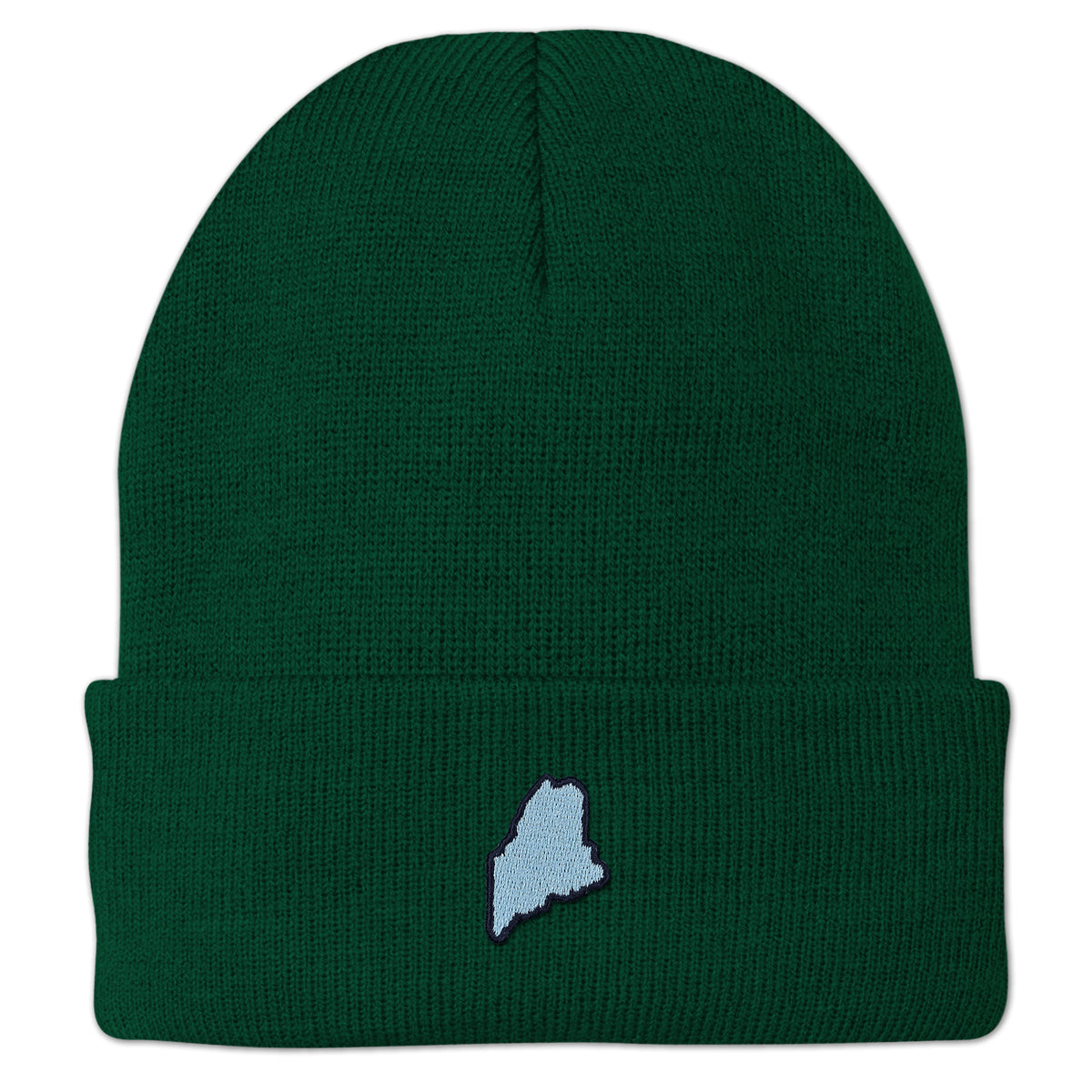 Front view of a dark green cuffed knit hat with a small light-blue Maine-shaped patch outlined in dark thread