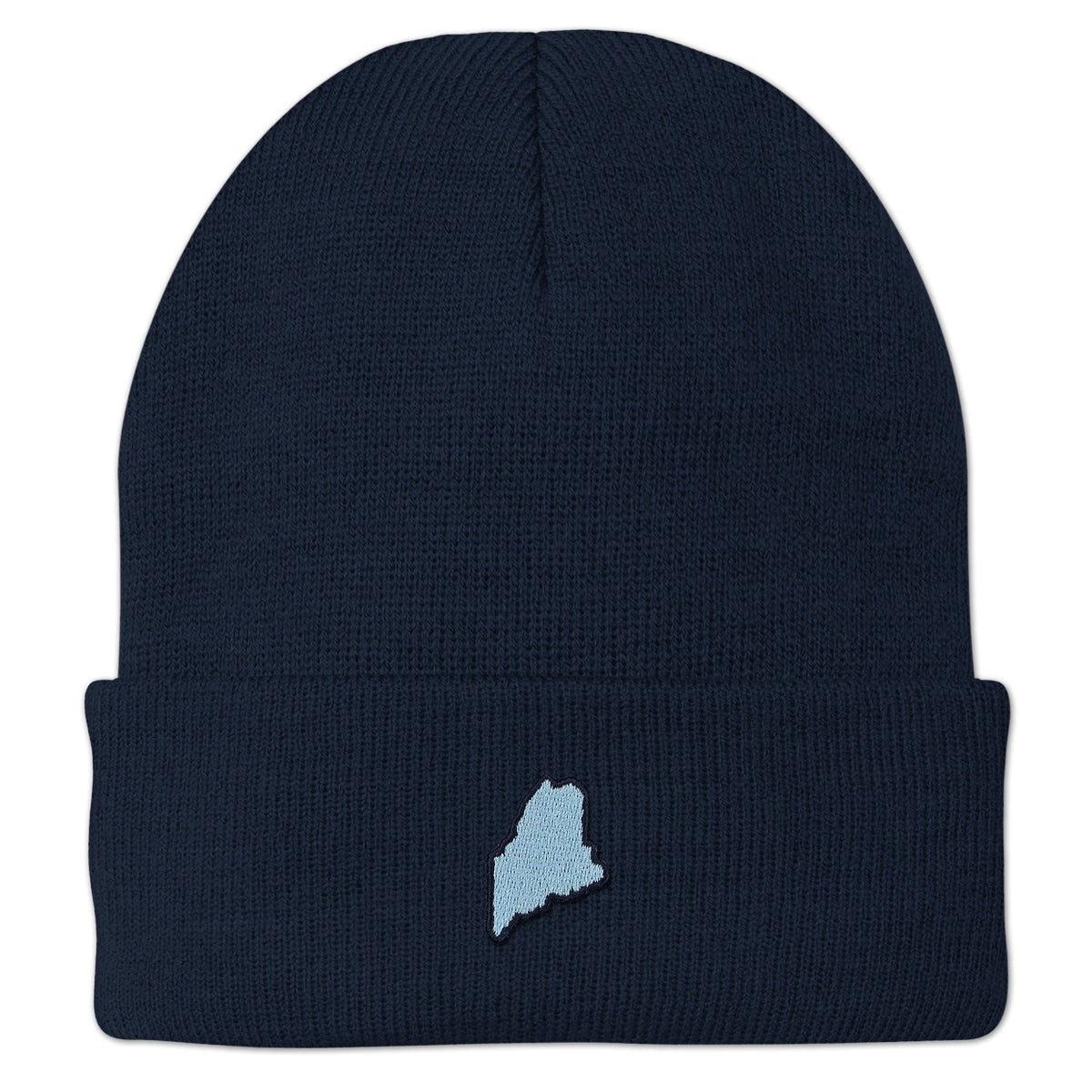 Front view of a navy cuffed knit hat with a small light-blue Maine-shaped patch outlined in dark thread