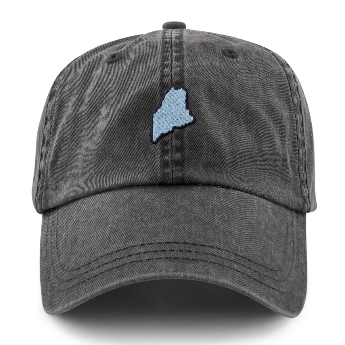 Straight-on front view of a washed charcoal dad hat with a light-blue Maine-shaped patch outlined in dark thread