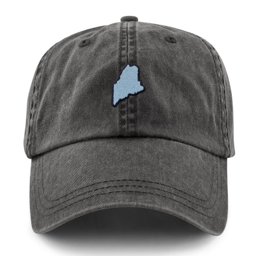 Straight-on front view of a washed charcoal dad hat with a light-blue Maine-shaped patch outlined in dark thread