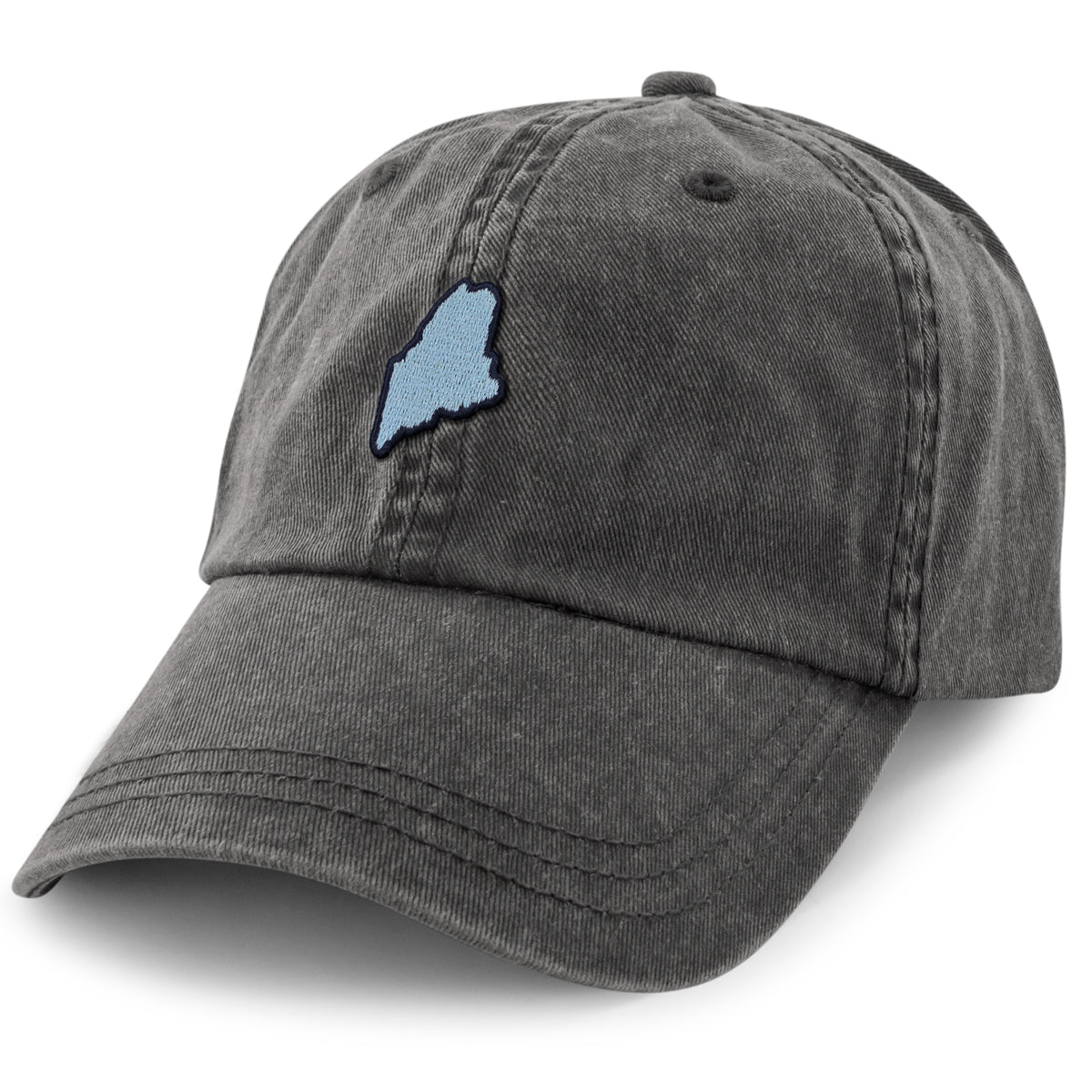 Angled front view of a washed charcoal dad hat with a curved brim and small light-blue Maine-shaped patch