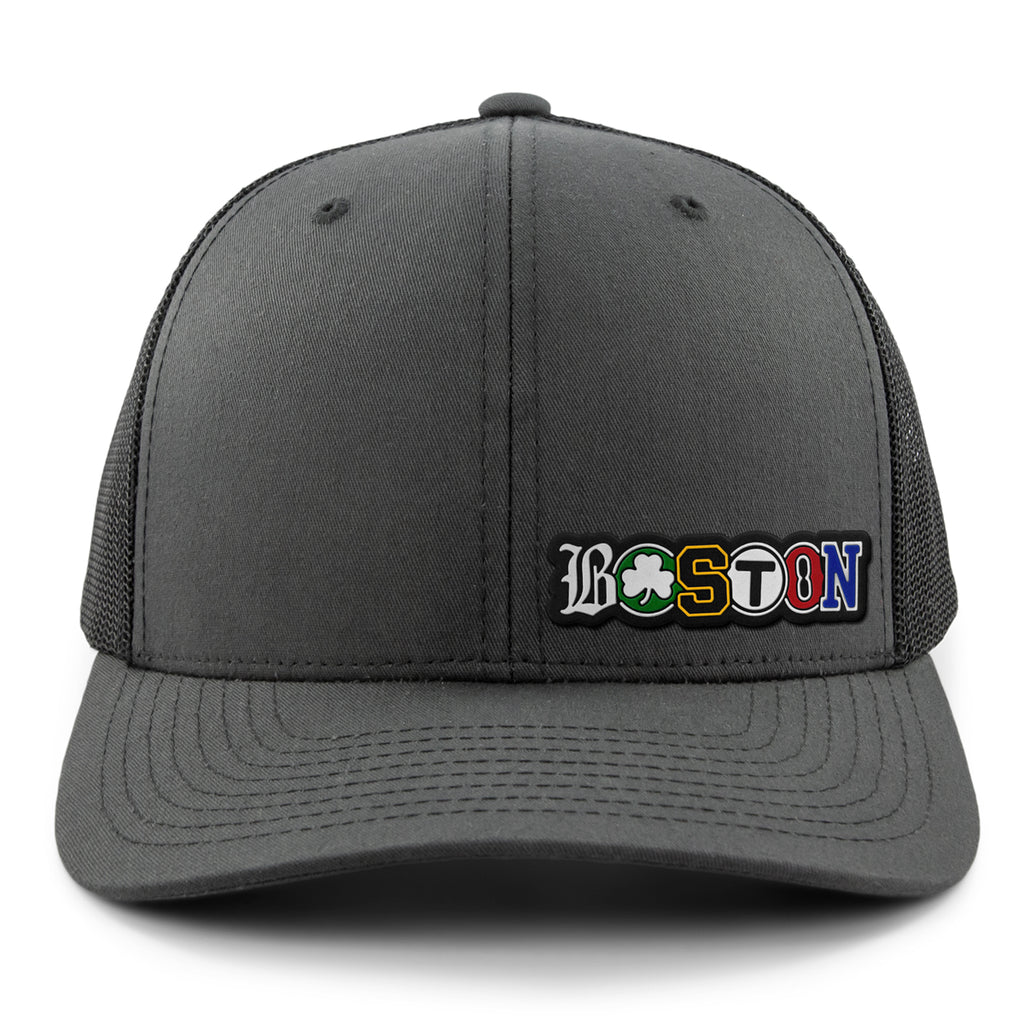 Boston Townie Pride PVC Classic Snapback Trucker Hat — main product view in Charcoal
