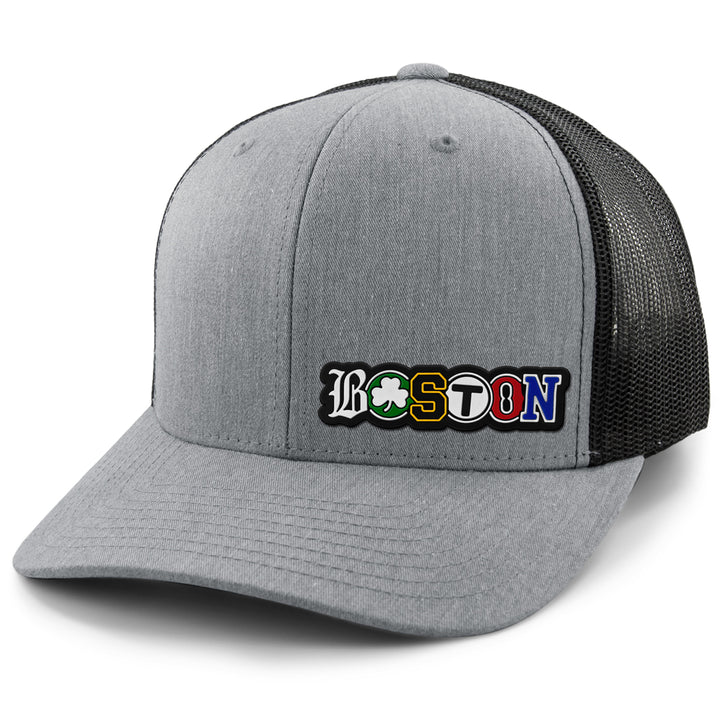 Boston Townie Pride PVC Classic Snapback Trucker Hat — front view in Gray