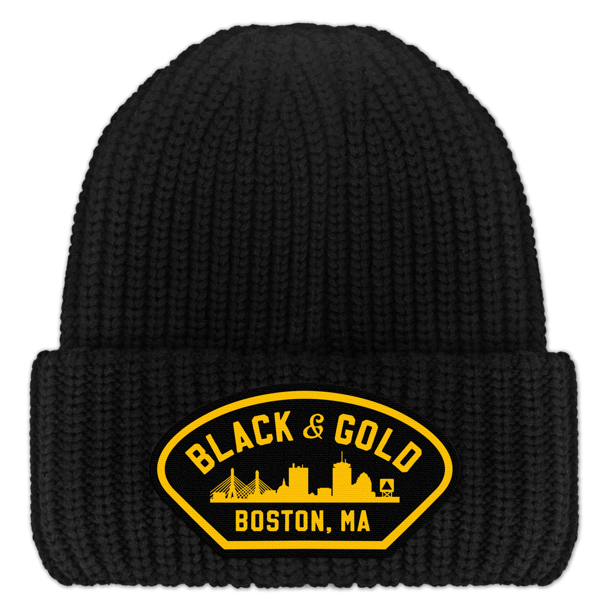 Black & Gold Boston Naval Patch Chunky Knit Winter Hat - Chowdaheadz