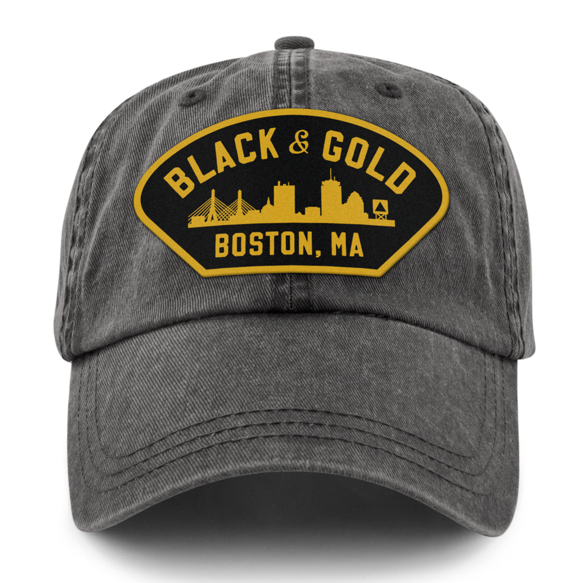 Black & Gold Boston Naval Patch Washed Dad Hat - Chowdaheadz