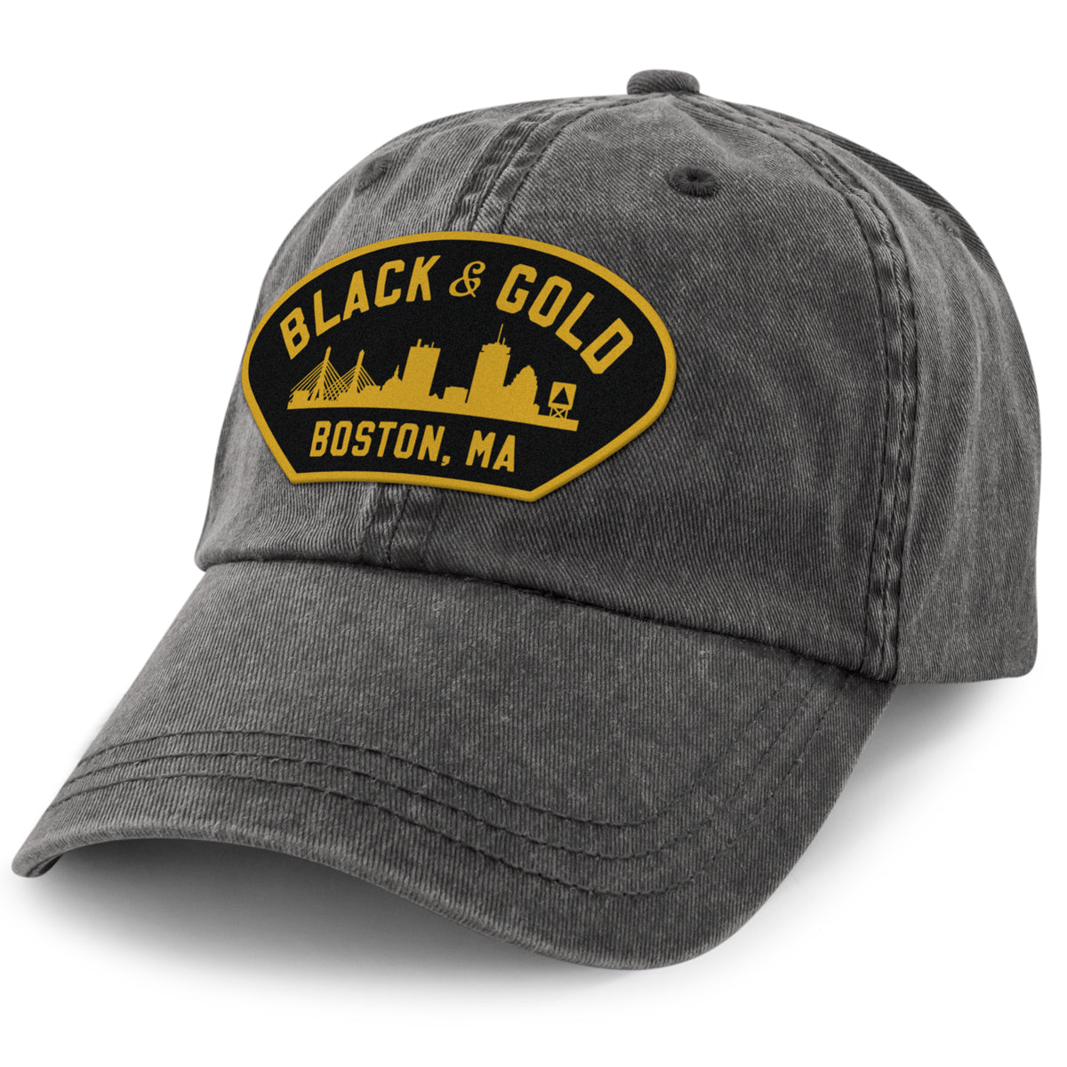 Black & Gold Boston Naval Patch Washed Dad Hat - Chowdaheadz