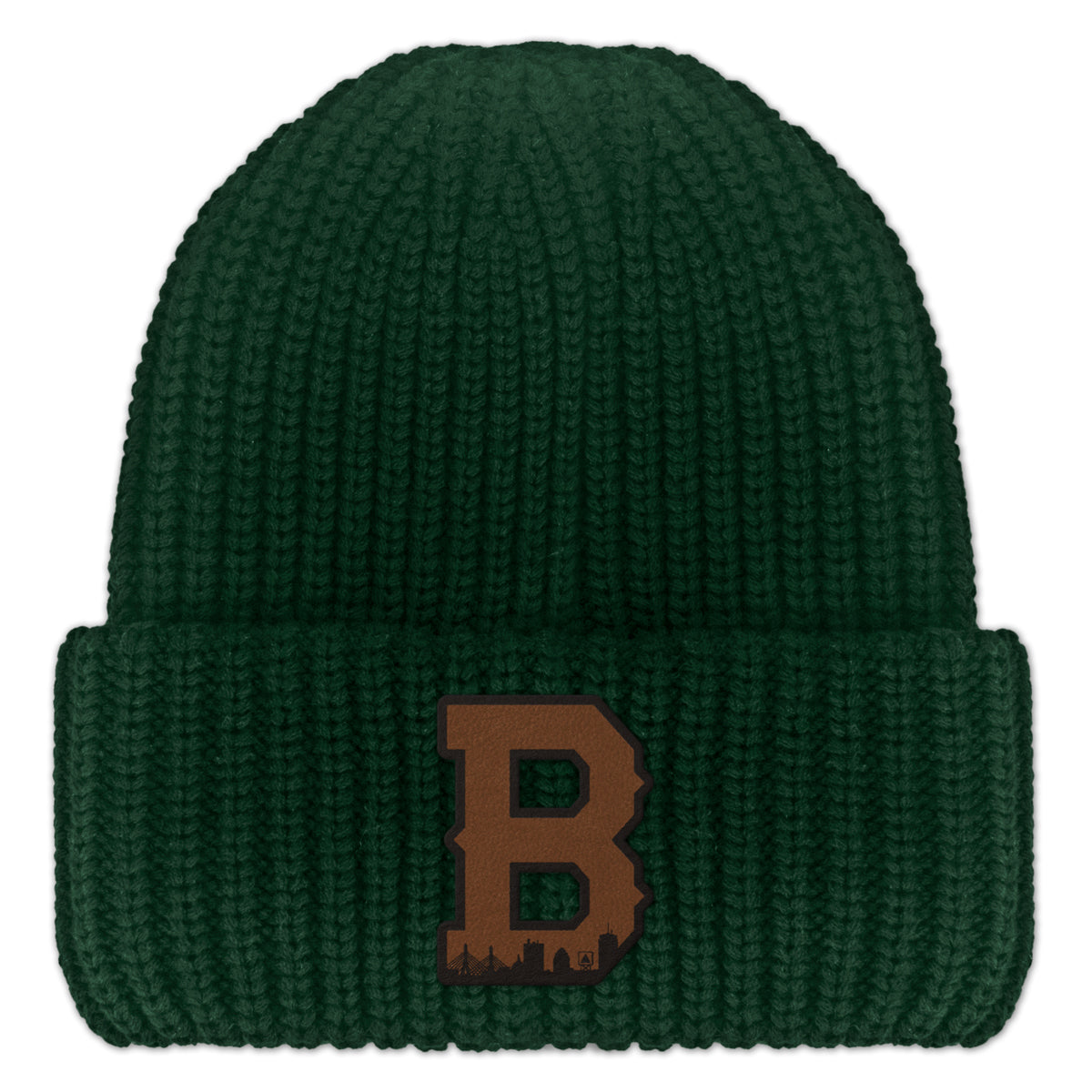 Boston B Skyline Leather Patch Chunky Knit Winter Hat