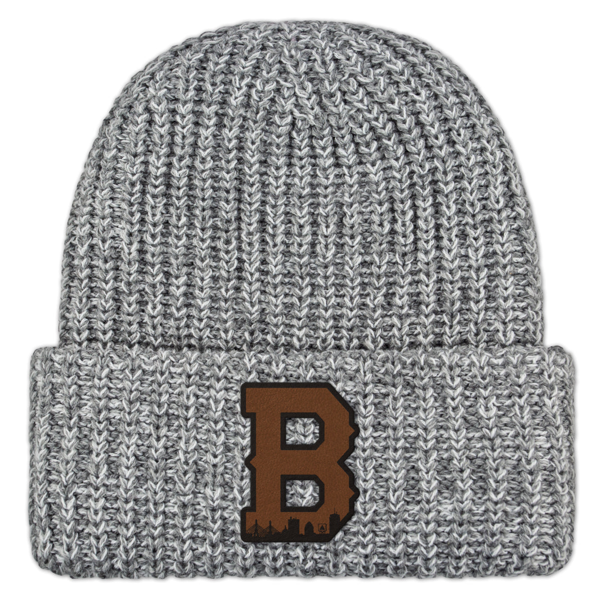 Boston B Skyline Leather Patch Chunky Knit Winter Hat