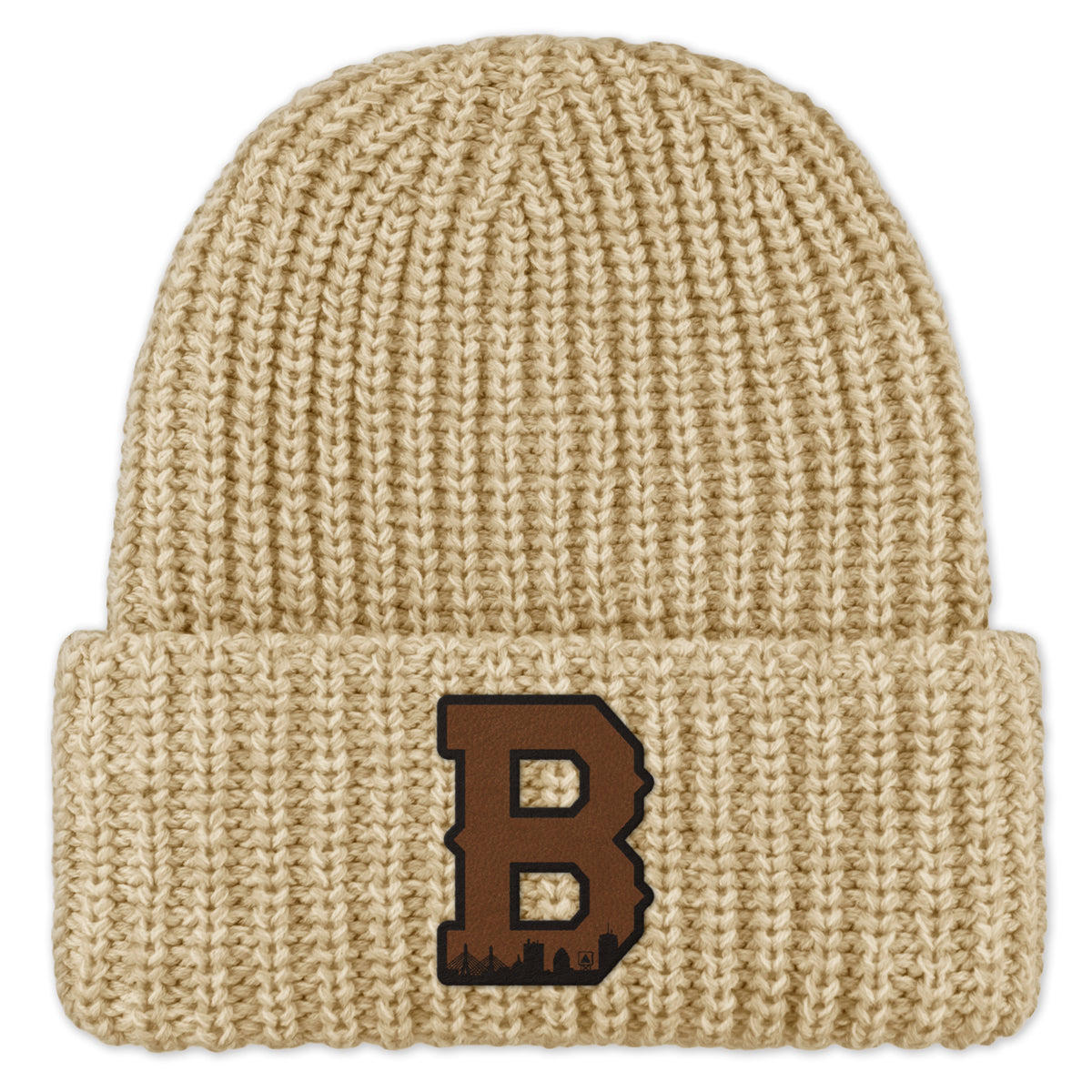 Boston B Skyline Leather Patch Chunky Knit Winter Hat