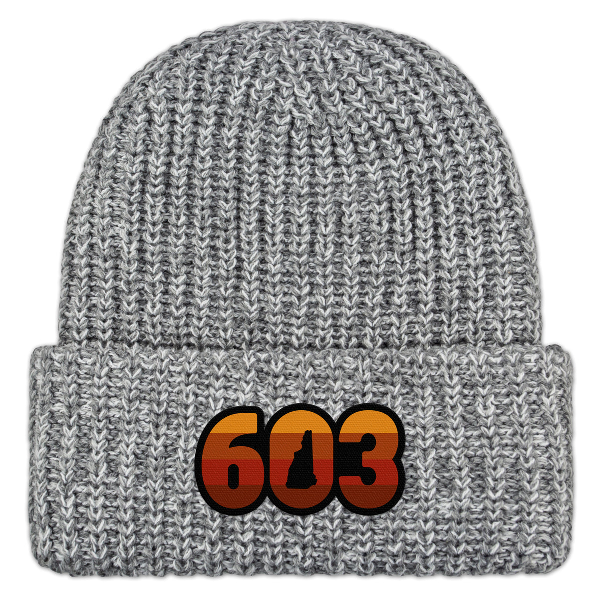 Front view of a gray Retro 603 New Hampshire chunky knit winter hat with orange-and-red-striped numbers and a state silhouette in the zero