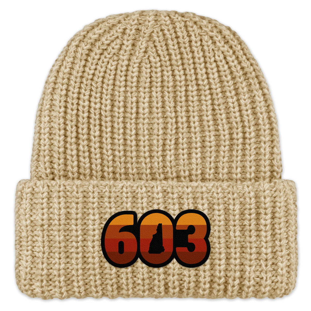 Front view of a oatmeal Retro 603 New Hampshire chunky knit winter hat with orange-and-red-striped numbers and a state silhouette in the zero