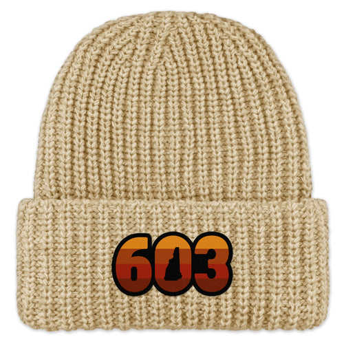 Front view of a oatmeal Retro 603 New Hampshire chunky knit winter hat with orange-and-red-striped numbers and a state silhouette in the zero