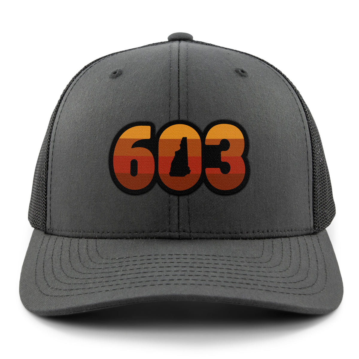 Front view of a charcoal Retro 603 New Hampshire snapback trucker hat with orange-and-red-striped numbers and a state silhouette in the zero