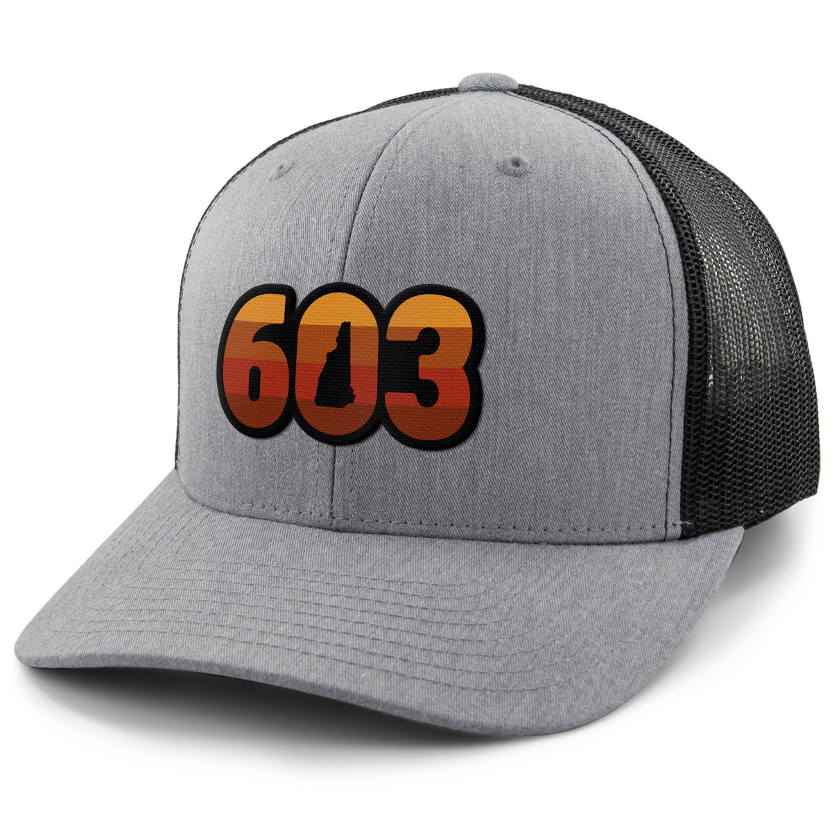 Three-quarter front view of a gray Retro 603 New Hampshire snapback trucker hat with orange-and-red-striped numbers and a state silhouette in the zero