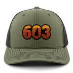 Front view of a military green Retro 603 New Hampshire snapback trucker hat with orange-and-red-striped numbers and a state silhouette in the zero