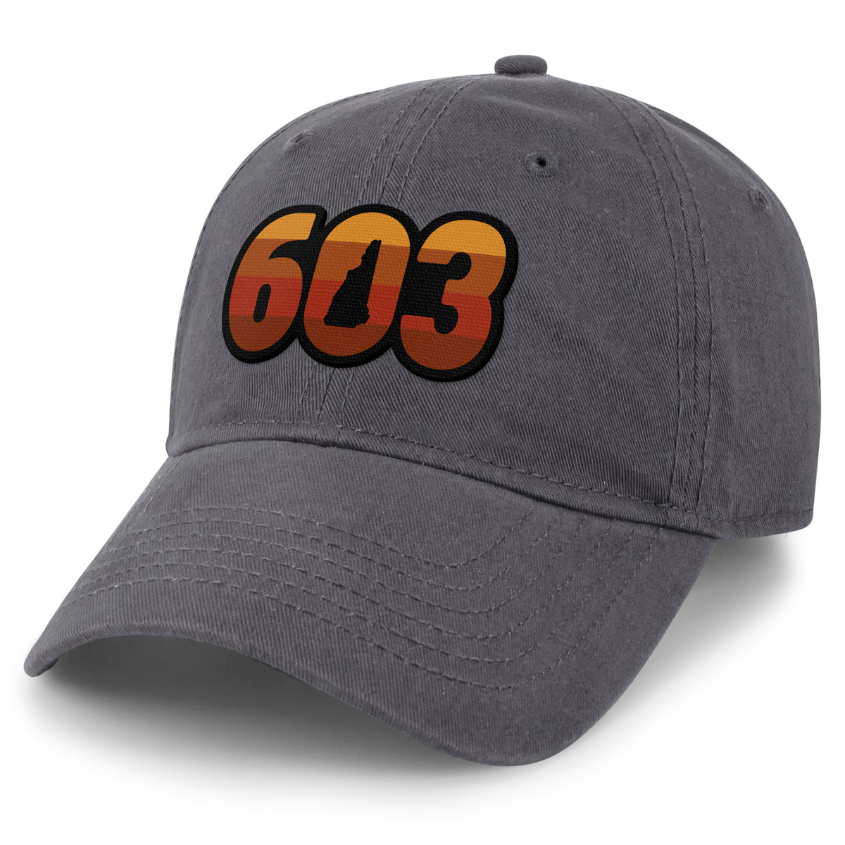 Three-quarter front view of a charcoal Retro 603 New Hampshire dad hat with orange-and-red-striped numbers and a state silhouette in the zero