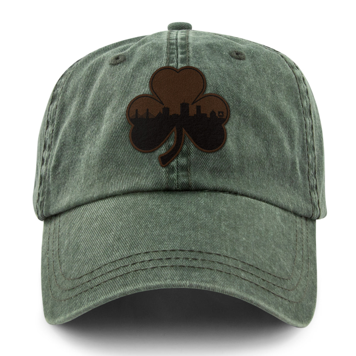 Boston Shamrock Skyline Leather Patch Washed Dad Hat - Chowdaheadz