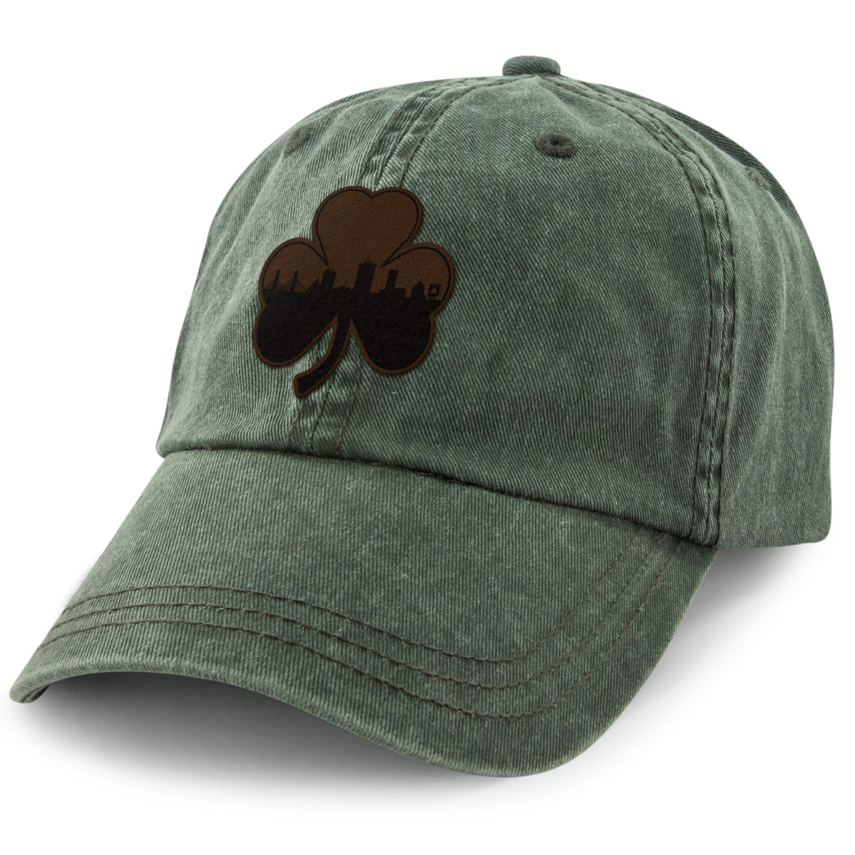 Boston Shamrock Skyline Leather Patch Washed Dad Hat - Chowdaheadz