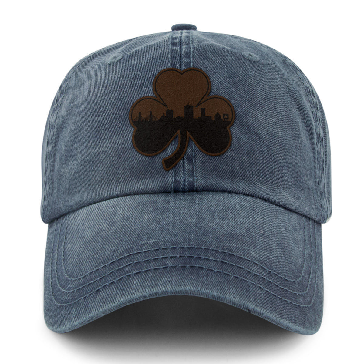 Boston Shamrock Skyline Leather Patch Washed Dad Hat - Chowdaheadz