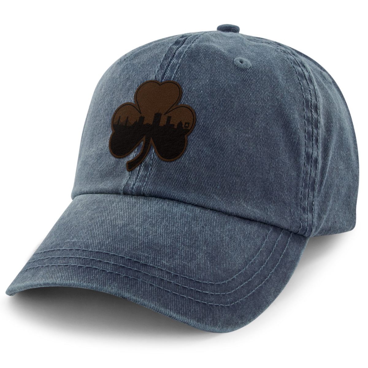 Boston Shamrock Skyline Leather Patch Washed Dad Hat - Chowdaheadz