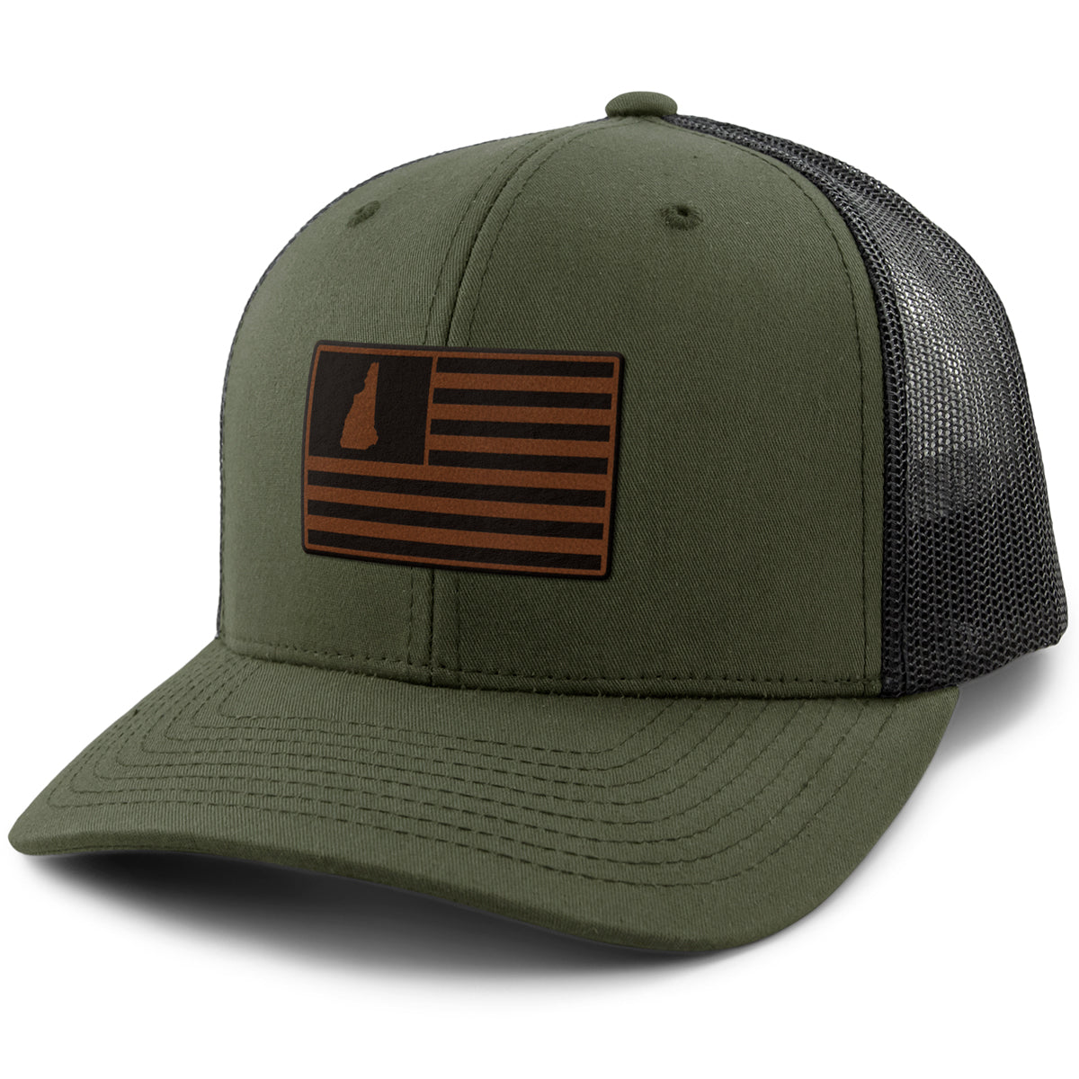 New Hampshire Striped Leather Patch Classic Snapback Trucker - Chowdaheadz